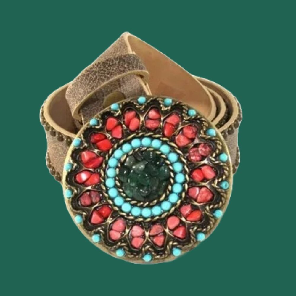 Leatherock studded boho western cowgirl hippie belt with semi precious b…